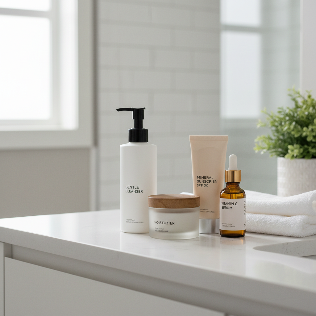 Minimal natural skincare routine products on a bathroom counter for glowing skin