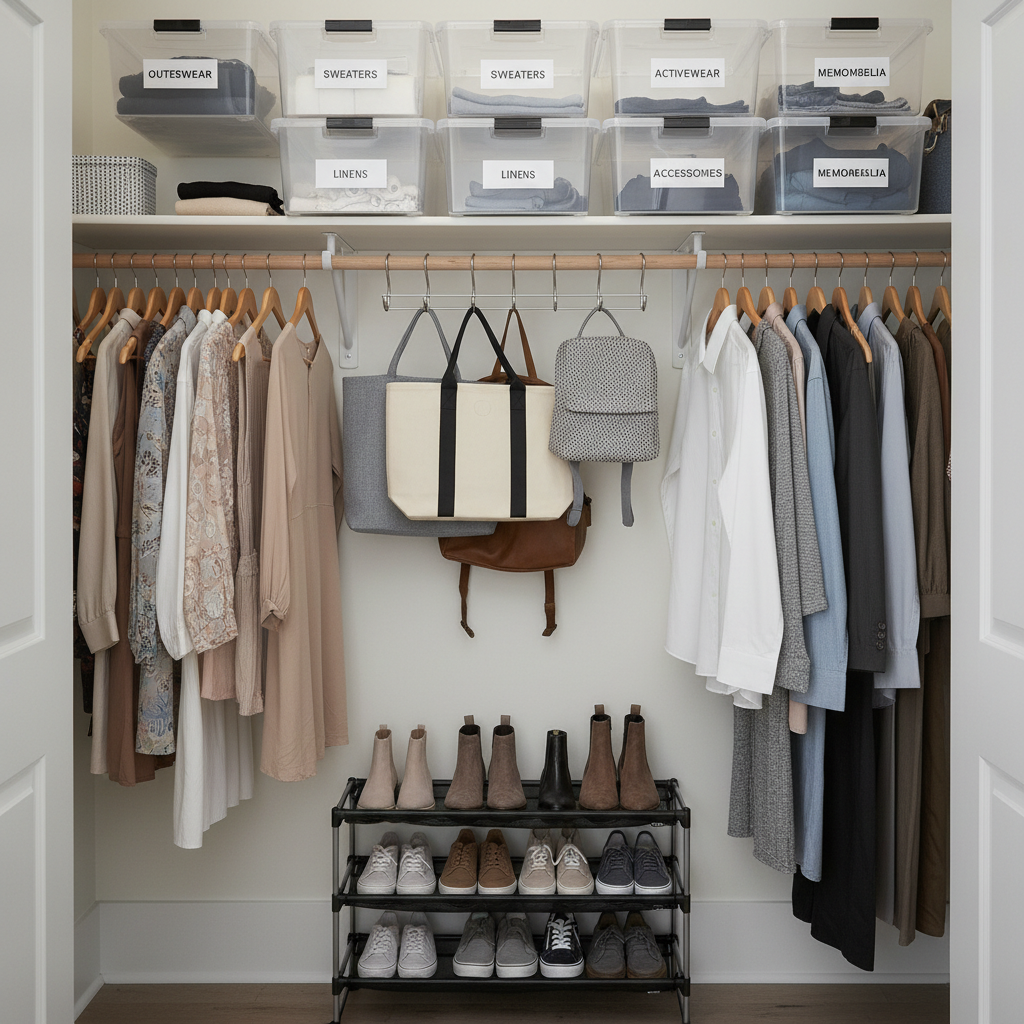 Small shared closet organized with zones, labeled bins, and shoe rack