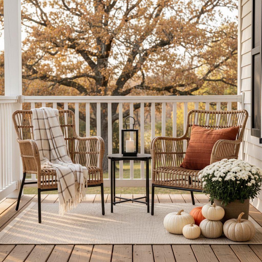 Fall porch seating area with plaid throw, lantern, and pumpkins in a cohesive color palette