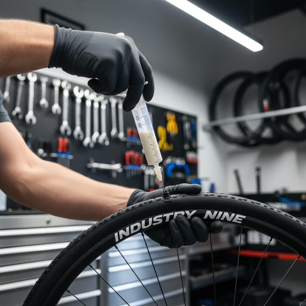 Mechanic adding tubeless sealant through a valve core with a syringe on a bicycle wheel