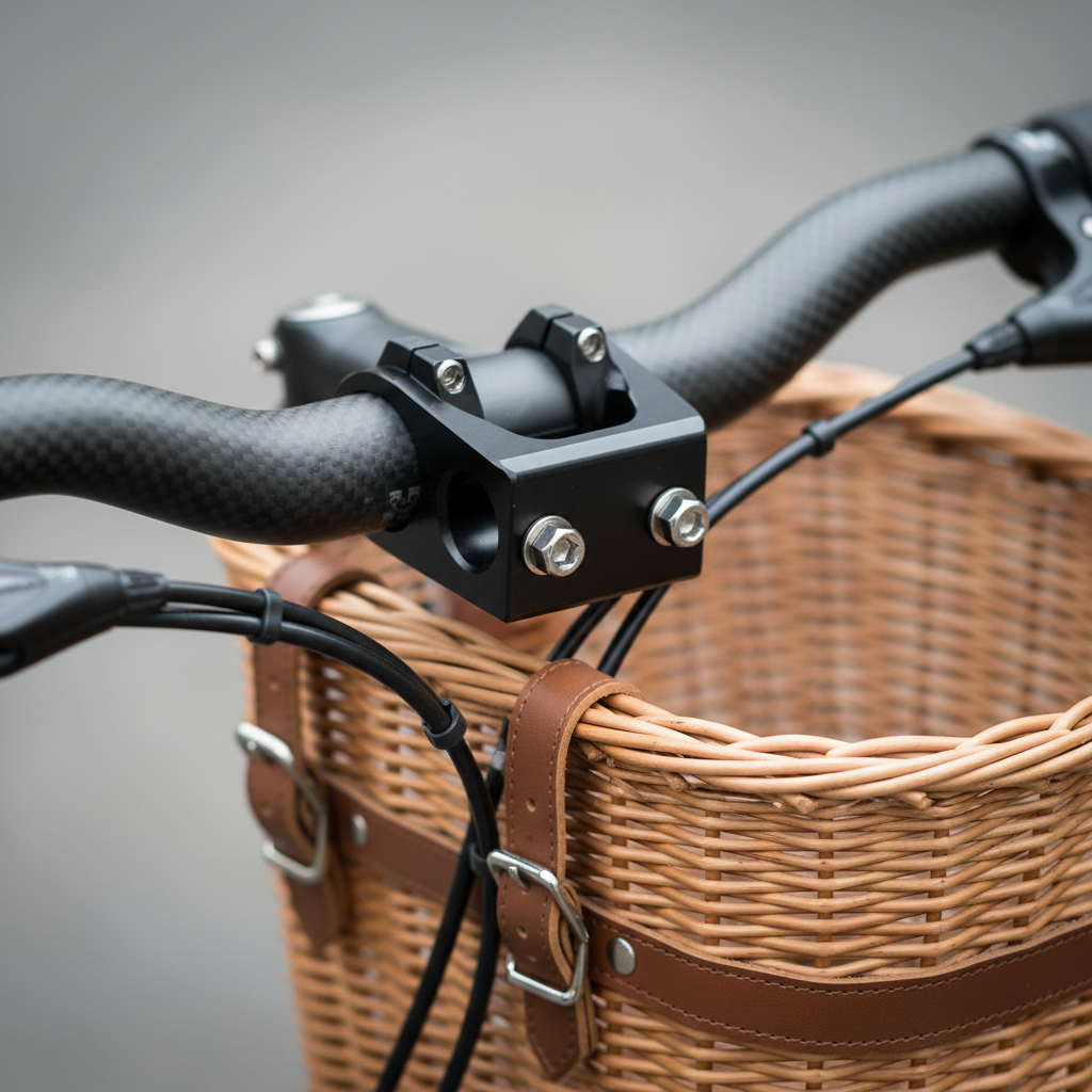 Close-up of a secure bike basket mounting bracket and tightened bolts