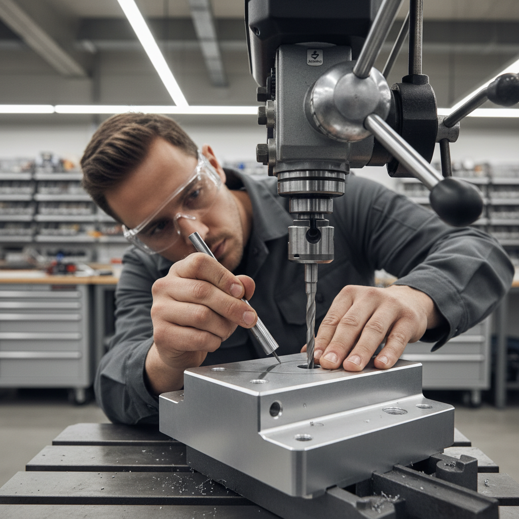 Center punching and drilling a hole for a grease fitting on a metal tool part