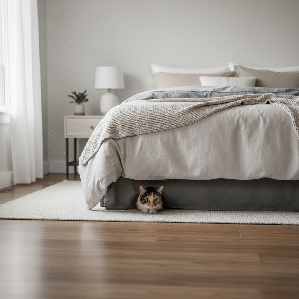 Cat hiding under a bed in a quiet bedroom
