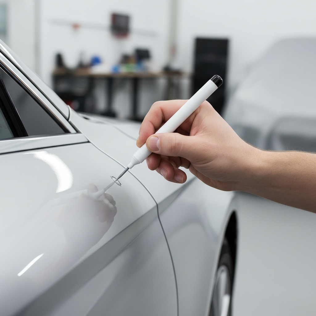 Close-up of car paint chip being filled with a touch up paint pen tip