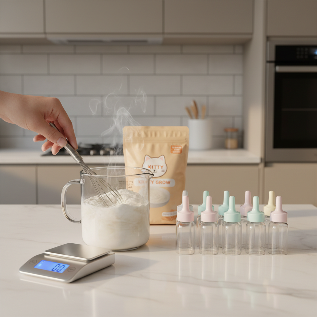Powder kitten milk replacer mixing in measuring cup with whisk
