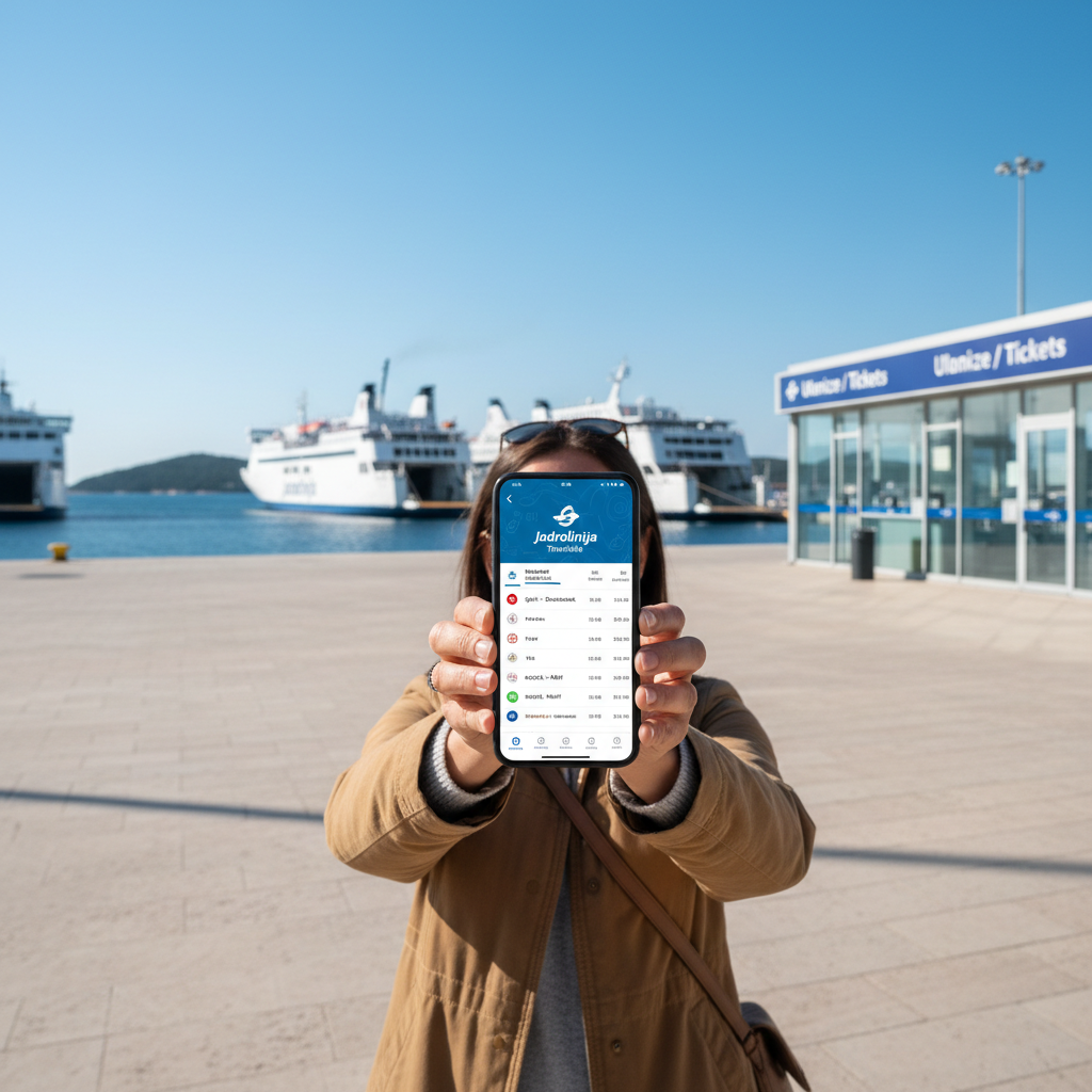Traveler checking Croatia ferry schedules on a smartphone at the port