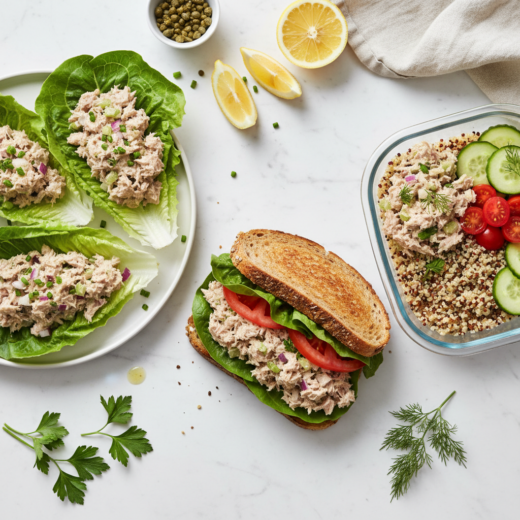 Healthy tuna salad served in lettuce wraps and sandwich options
