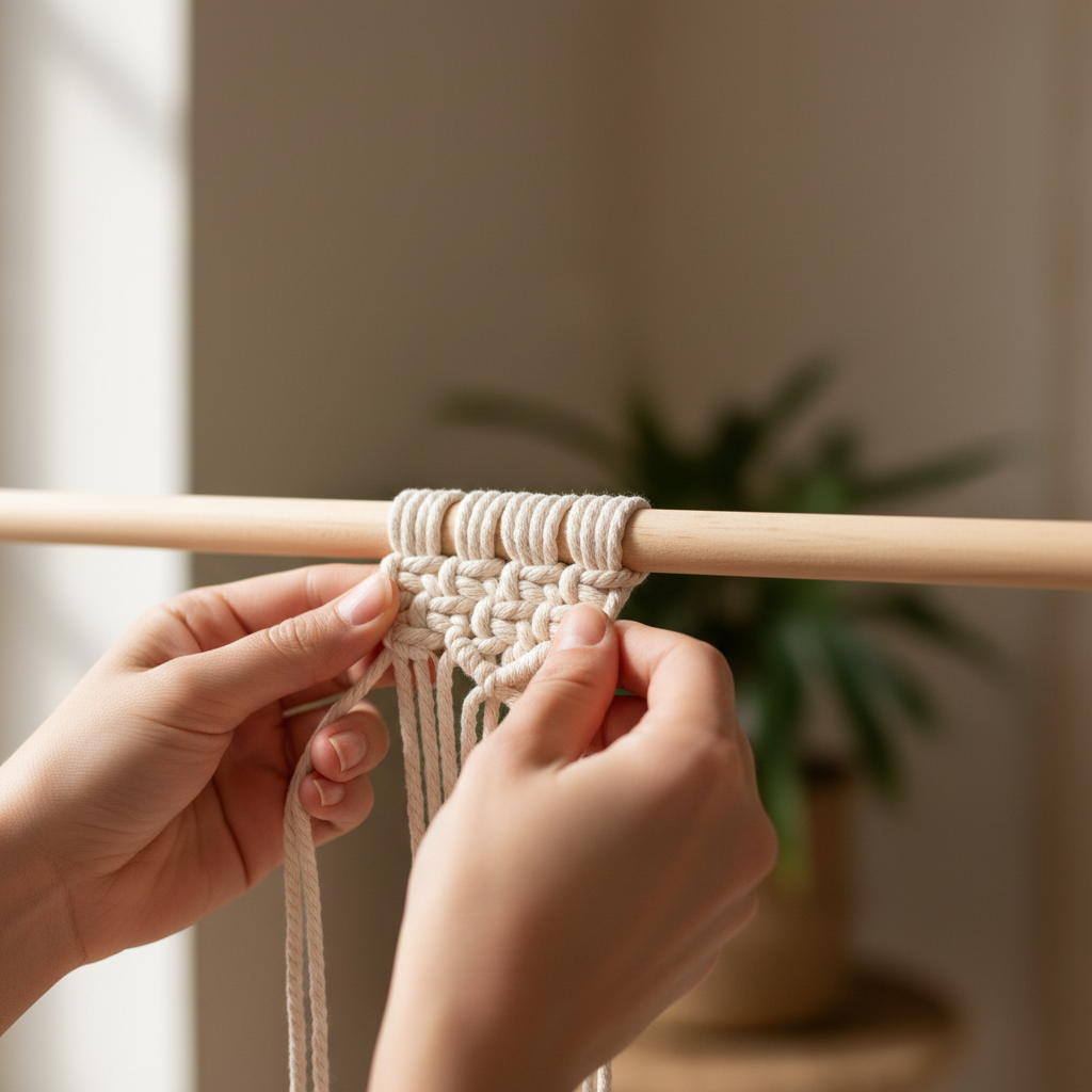 Close-up of hands tying square knots for an easy macrame wall hanging