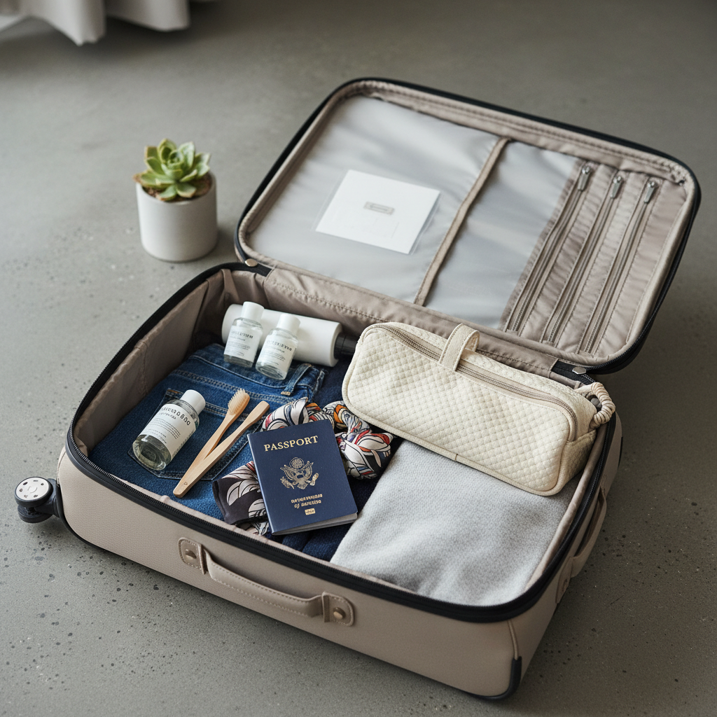 Travel curling iron packed in carry-on with heat resistant pouch and toiletries