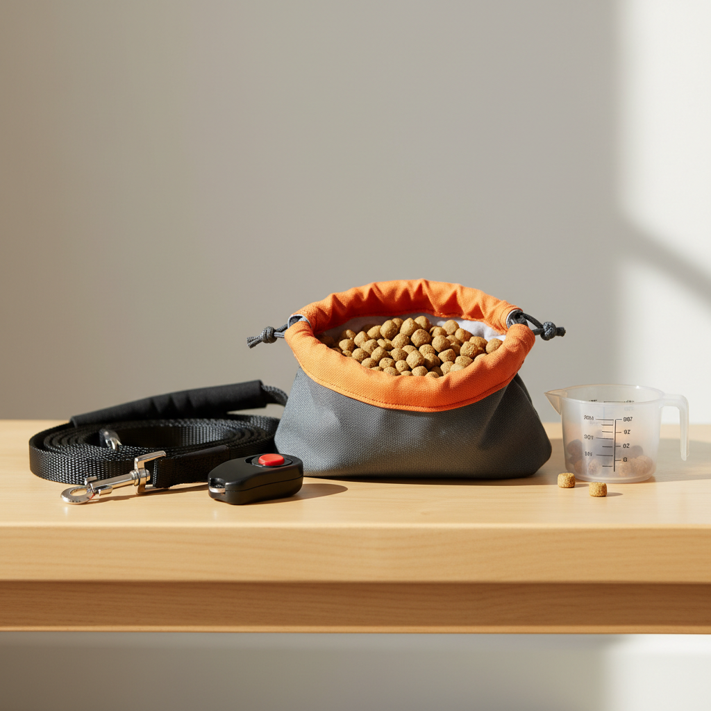 Treat pouch and clicker setup for dog training with small low-calorie treats