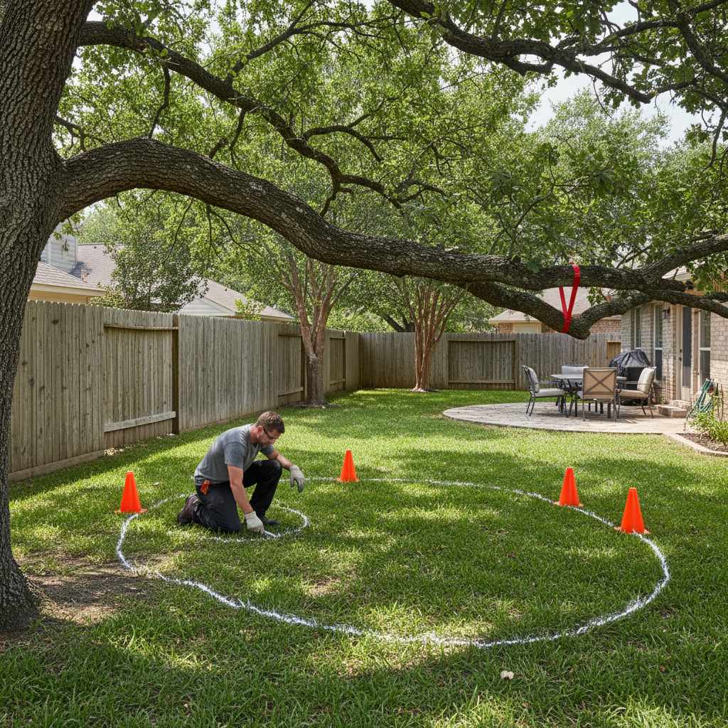 Marking a safe drop zone before cutting a heavy tree branch