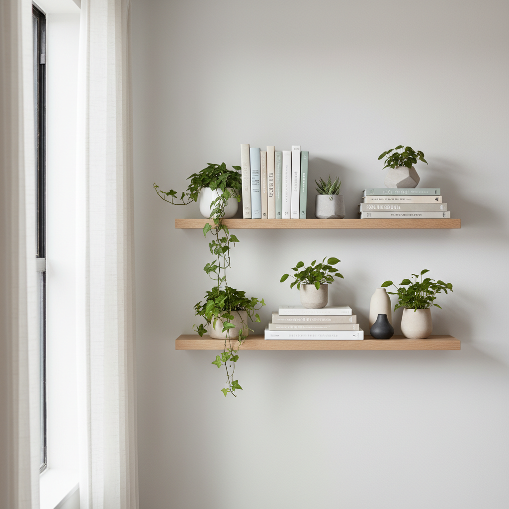 Small wall with slim floating shelves in a modern apartment