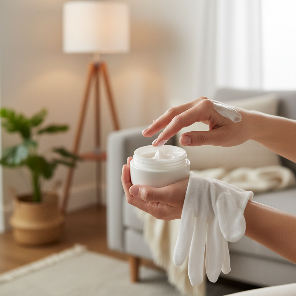Overnight hand moisturizing with cotton gloves