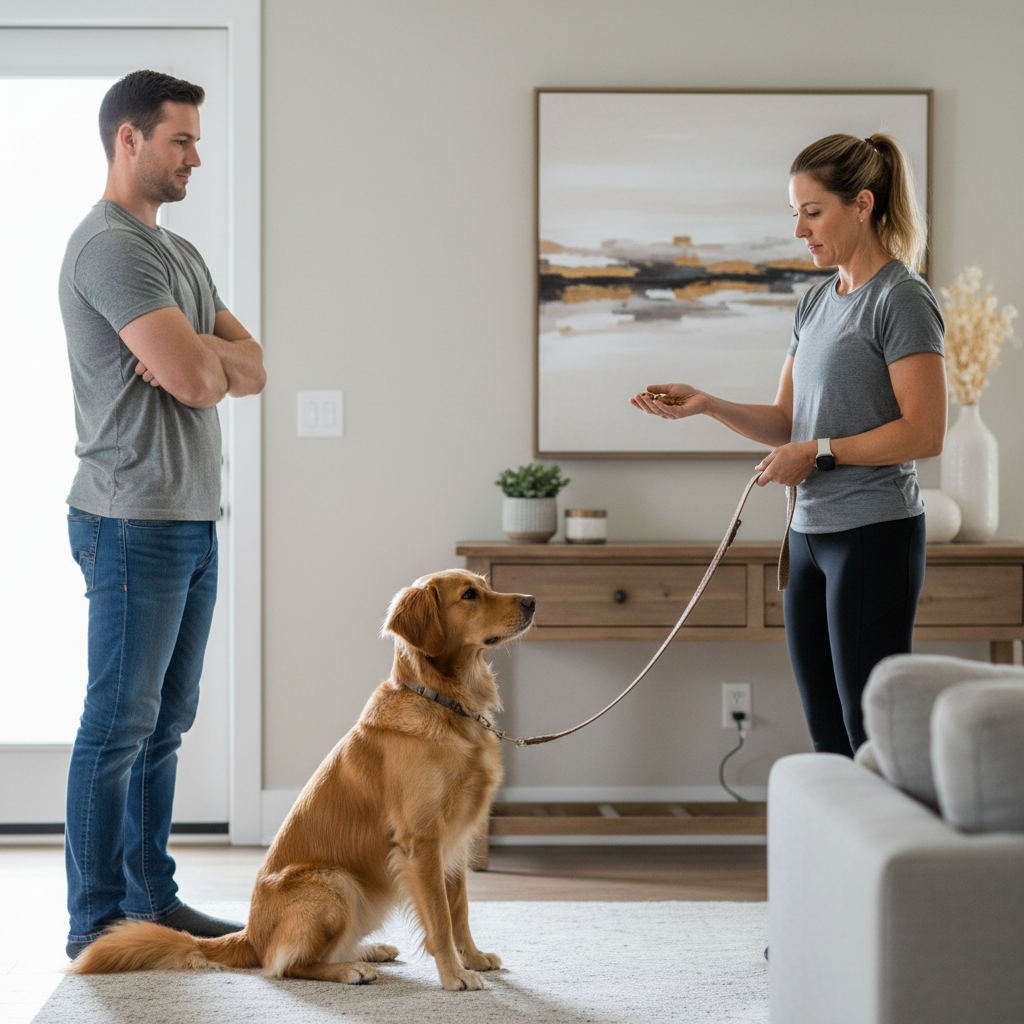 Owner practicing calm dog greeting with treats and leash