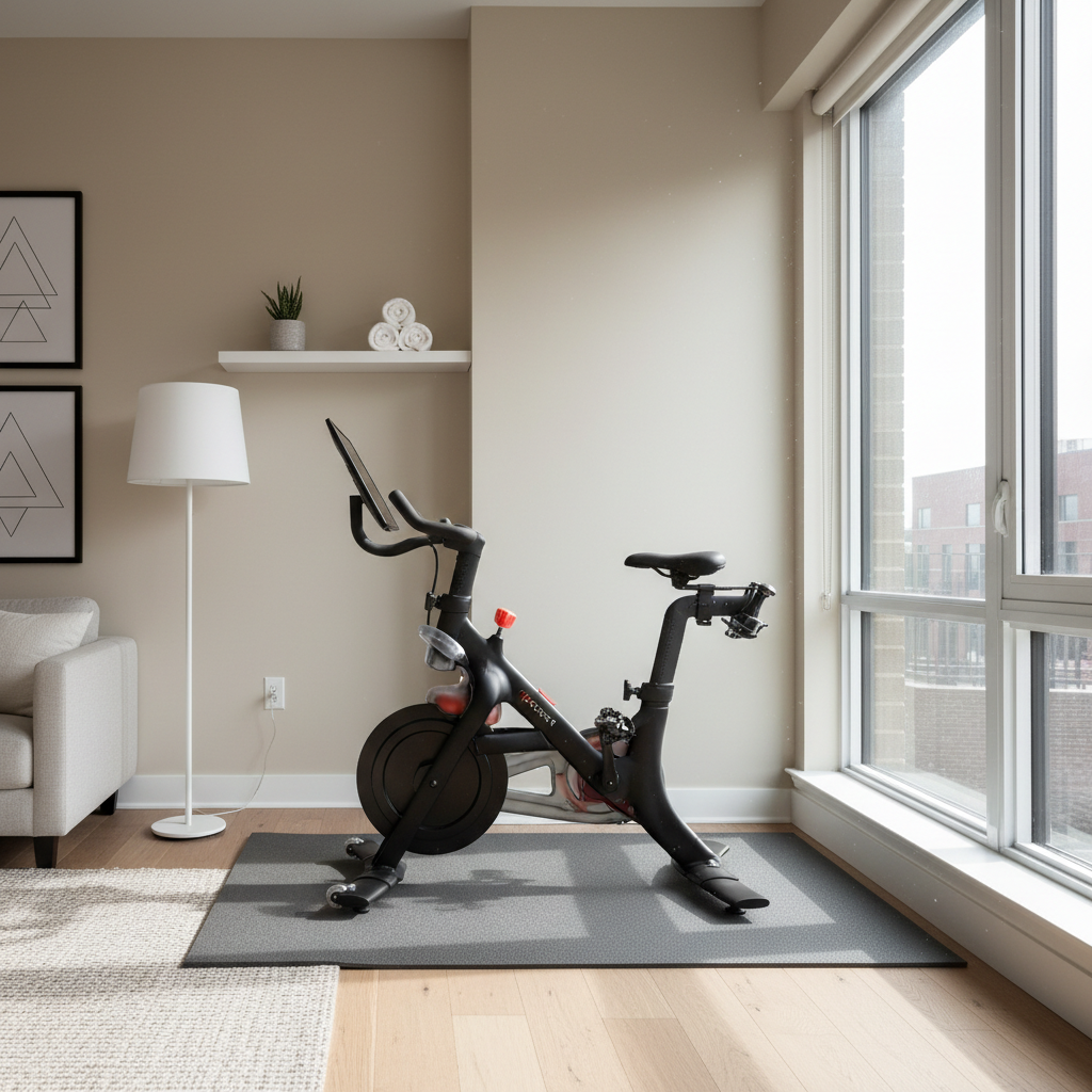 Modern home gym corner with a quiet exercise bike setup