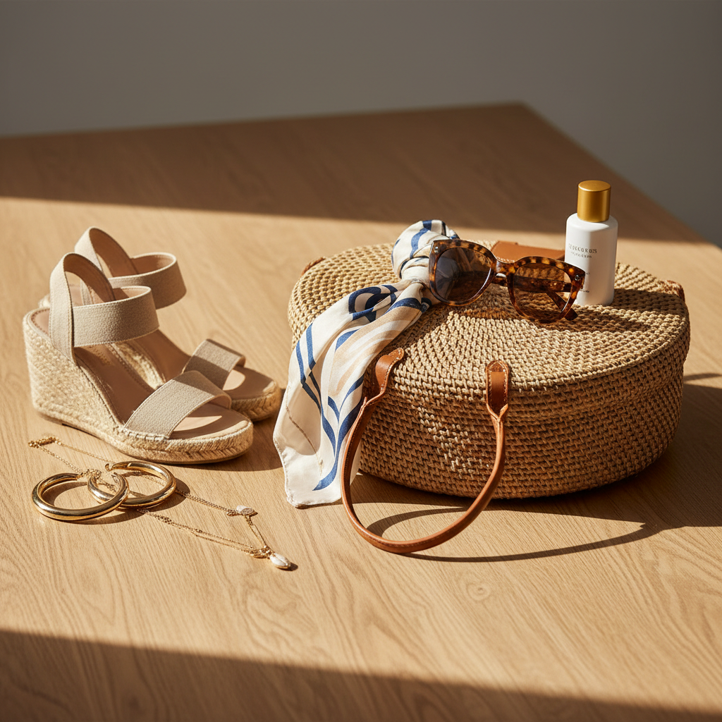 Coastal accessories for a cute beach vacation look: straw bag, sunglasses, jewelry, and sandals