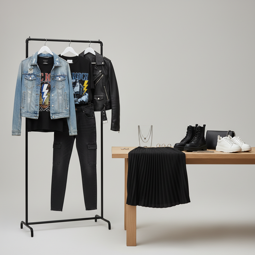Concert-ready capsule wardrobe pieces arranged for mix-and-match outfits