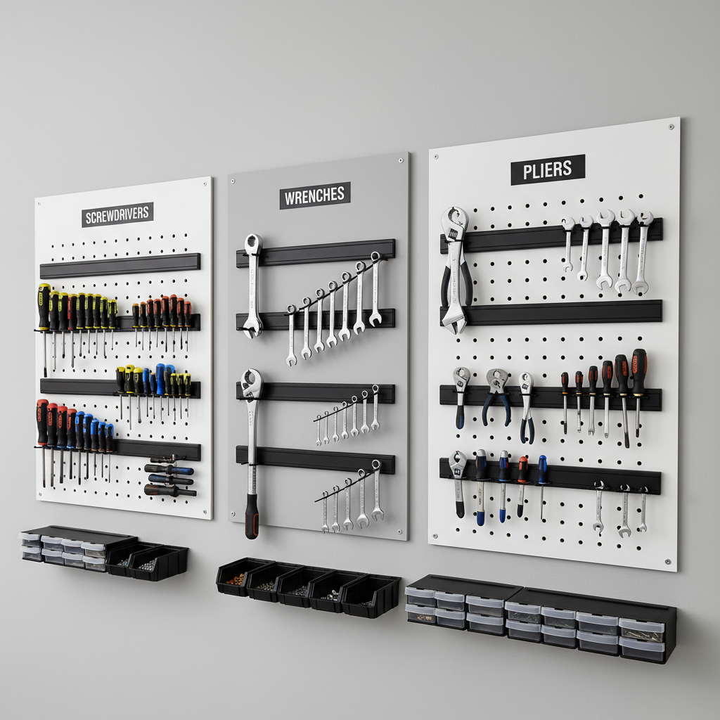 Organized wall tool storage with magnetic strips and labeled zones for tools