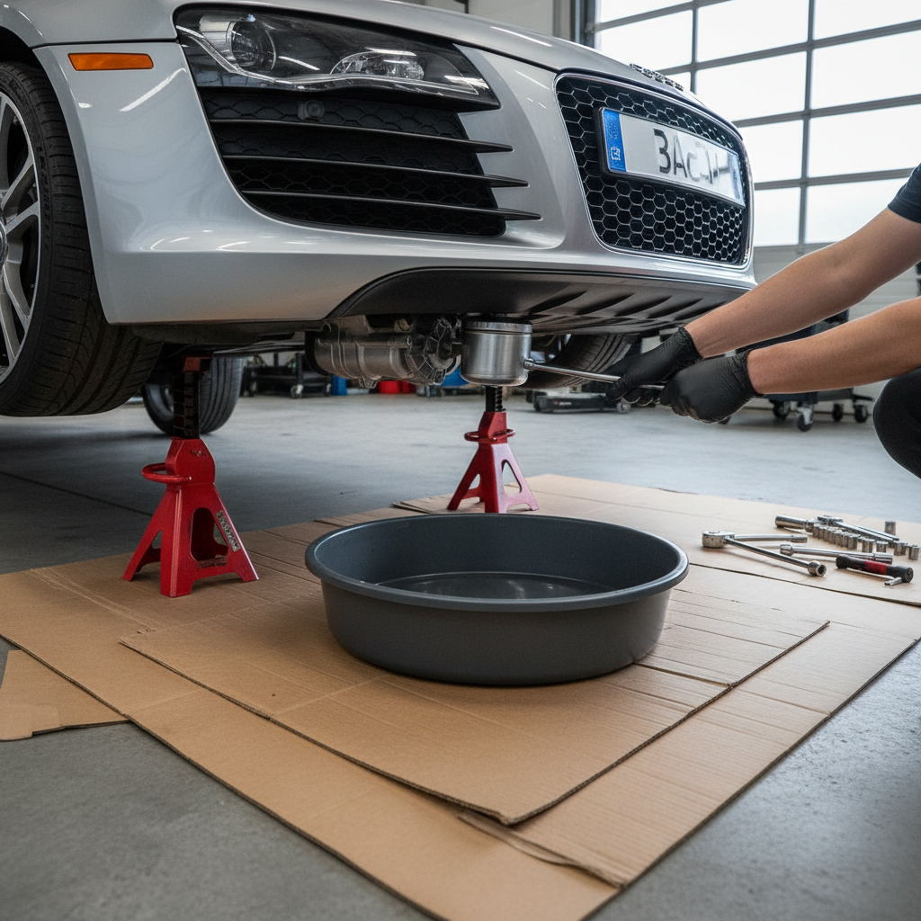 Drain pan positioned under oil filter to control mess during removal