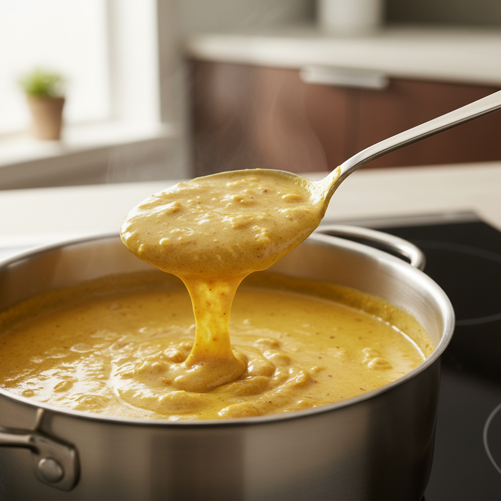 Simmering creamy chicken korma sauce with spoon showing thickness