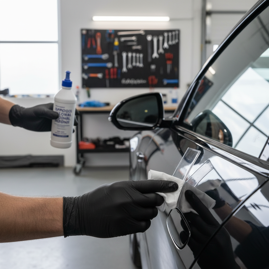 Installing a car door edge guard with alcohol prep and careful alignment