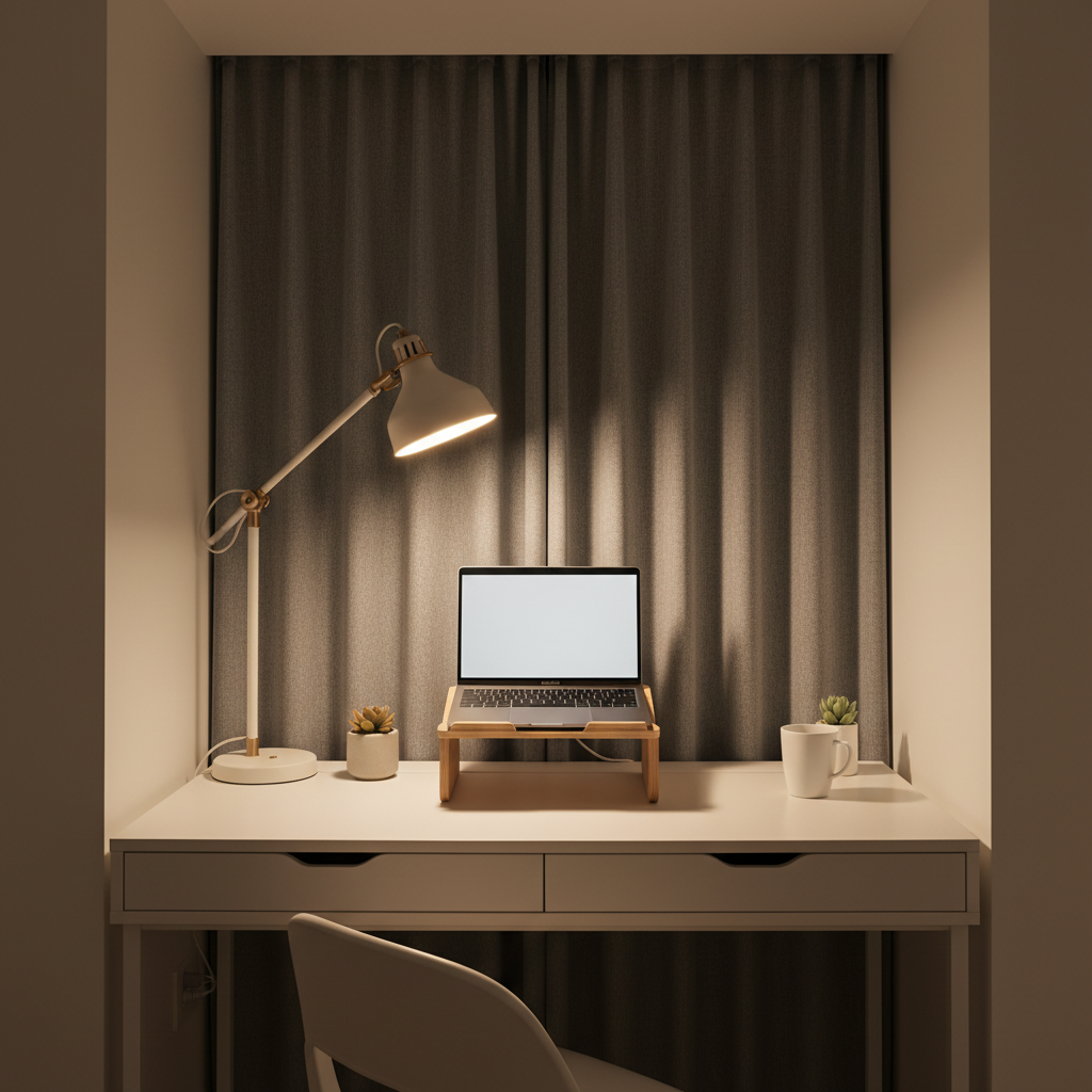 Small home office with warm task lighting and acoustic elements
