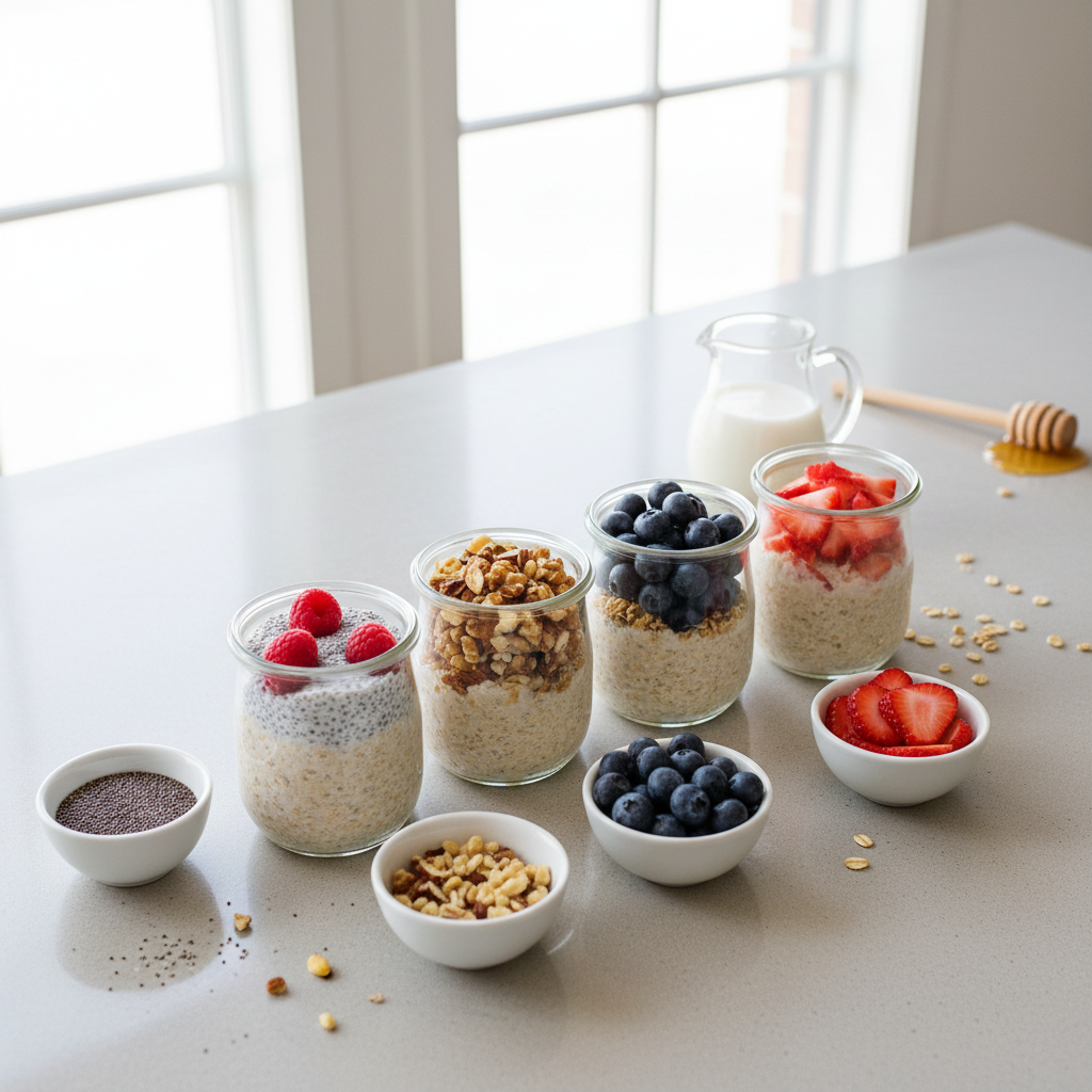 Overnight oats jars with measured toppings like chia seeds, nuts, and berries arranged for meal prep