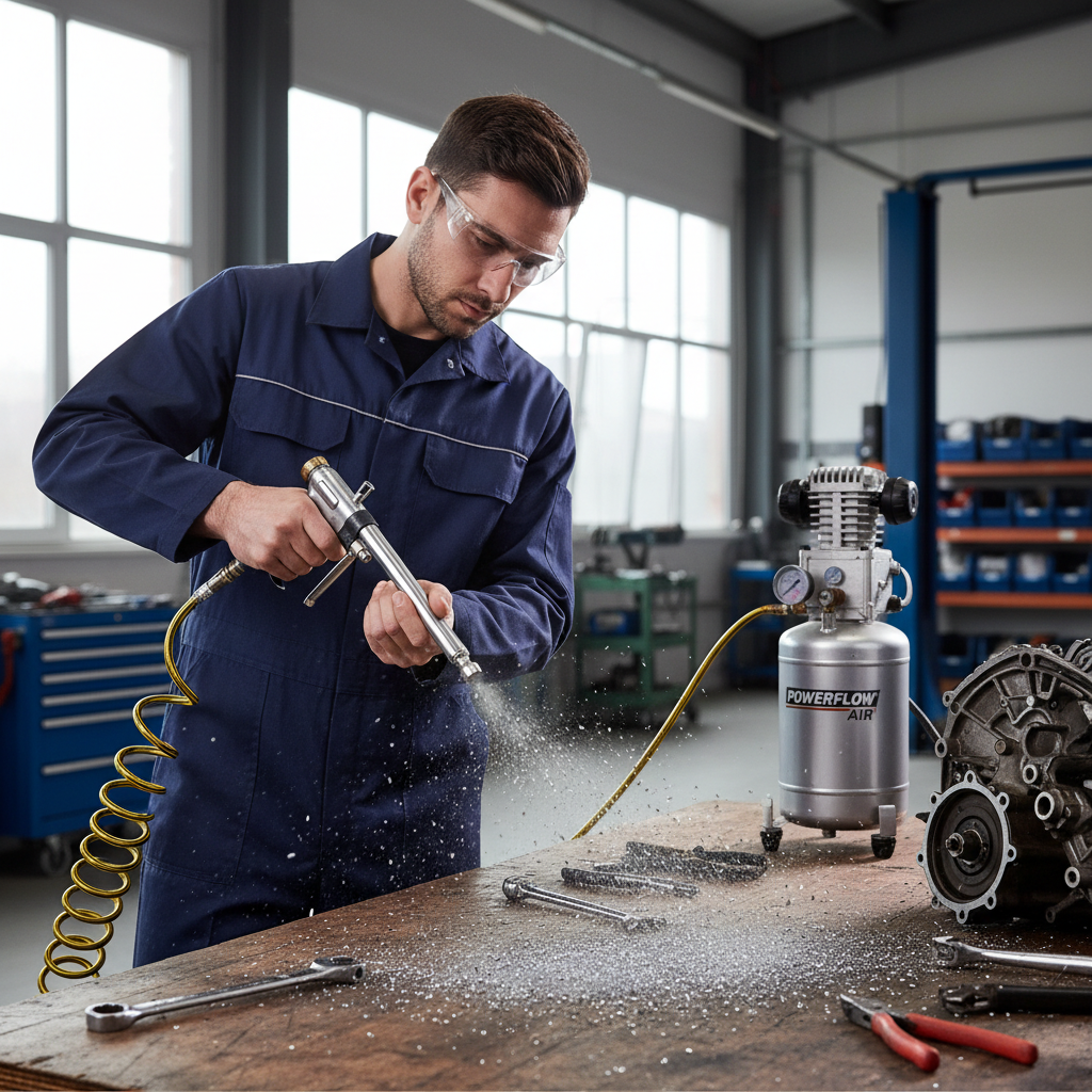 Air blow gun used with an air compressor to clean a workbench