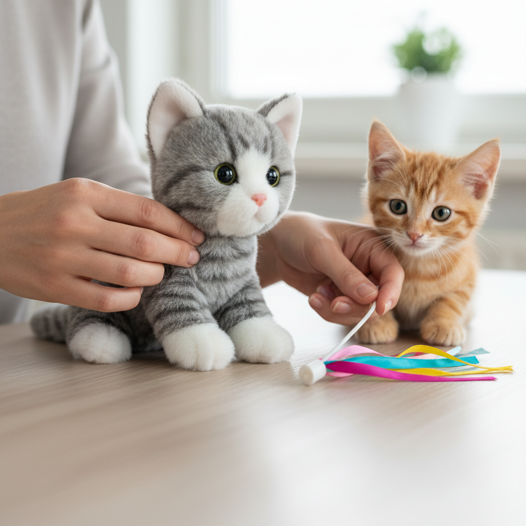 Owner inspecting kitten toy for loose parts and strings for safety