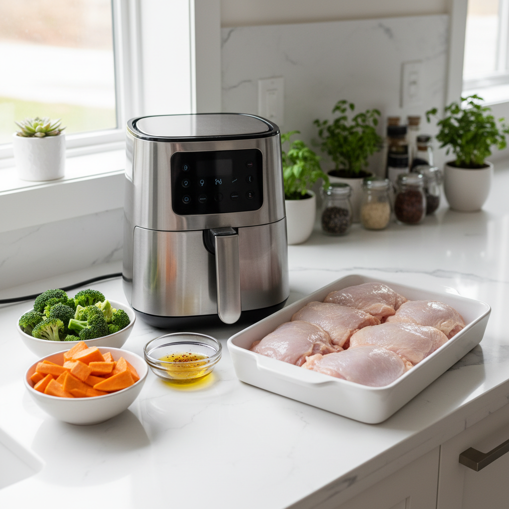 Beginner-friendly air fryer setup with simple ingredients on a kitchen counter