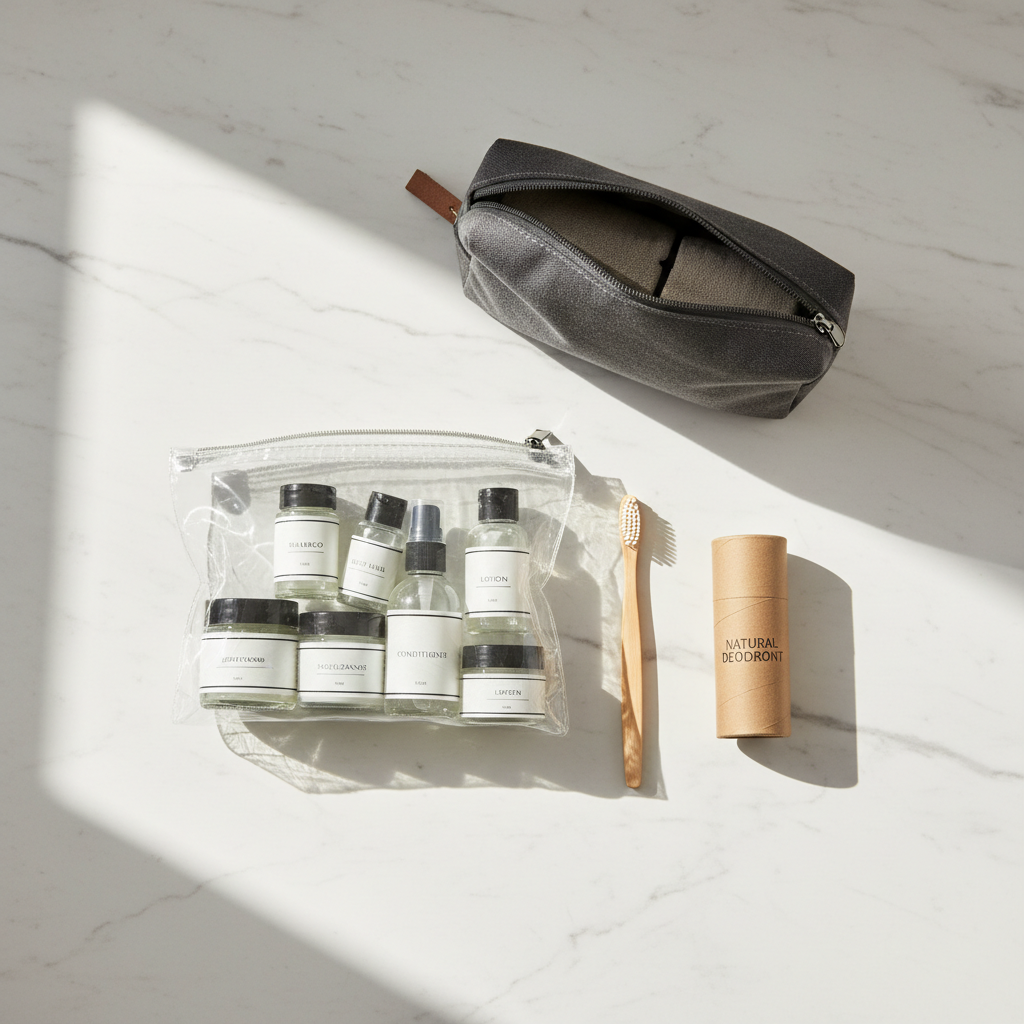 Organized travel toiletries laid out with clear TSA liquids bag