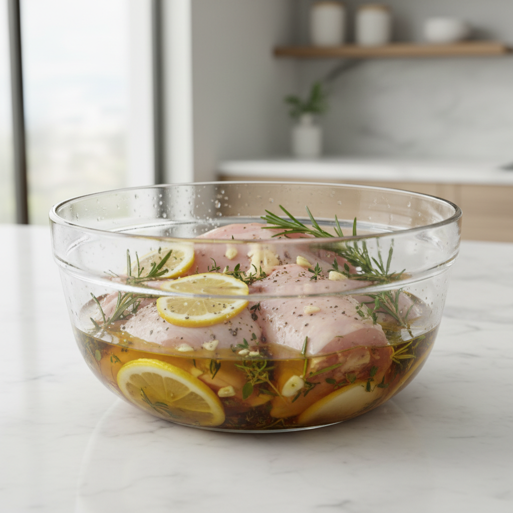 Marinated chicken in a glass bowl with herbs, garlic, and lemon ready for grilling