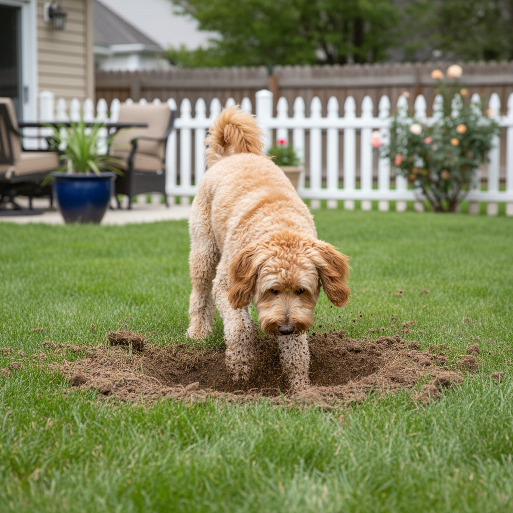 Dog digging a hole in a backyard lawn