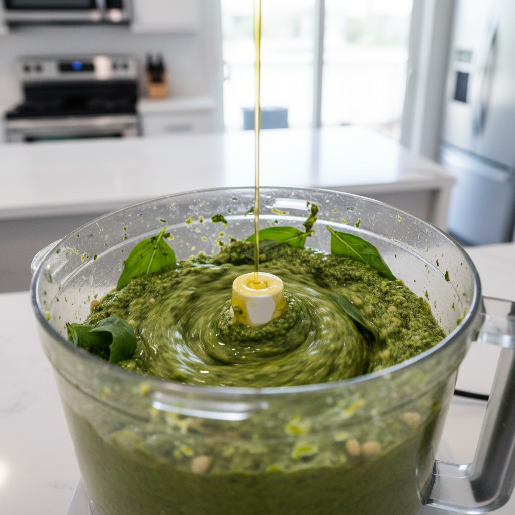 Food processor blending fresh basil pesto with olive oil being drizzled in