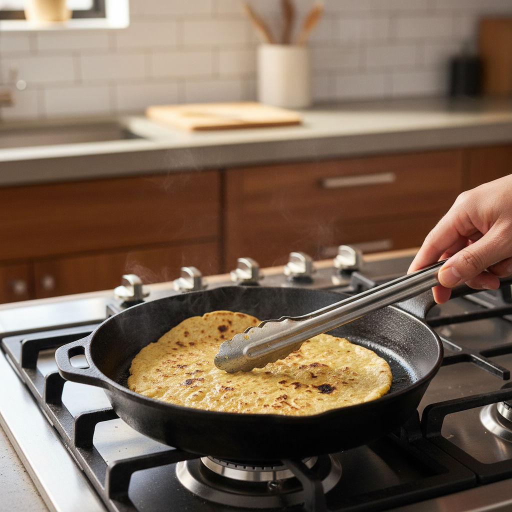 Cook pressing a corn tortilla flat in a skillet for even crisping
