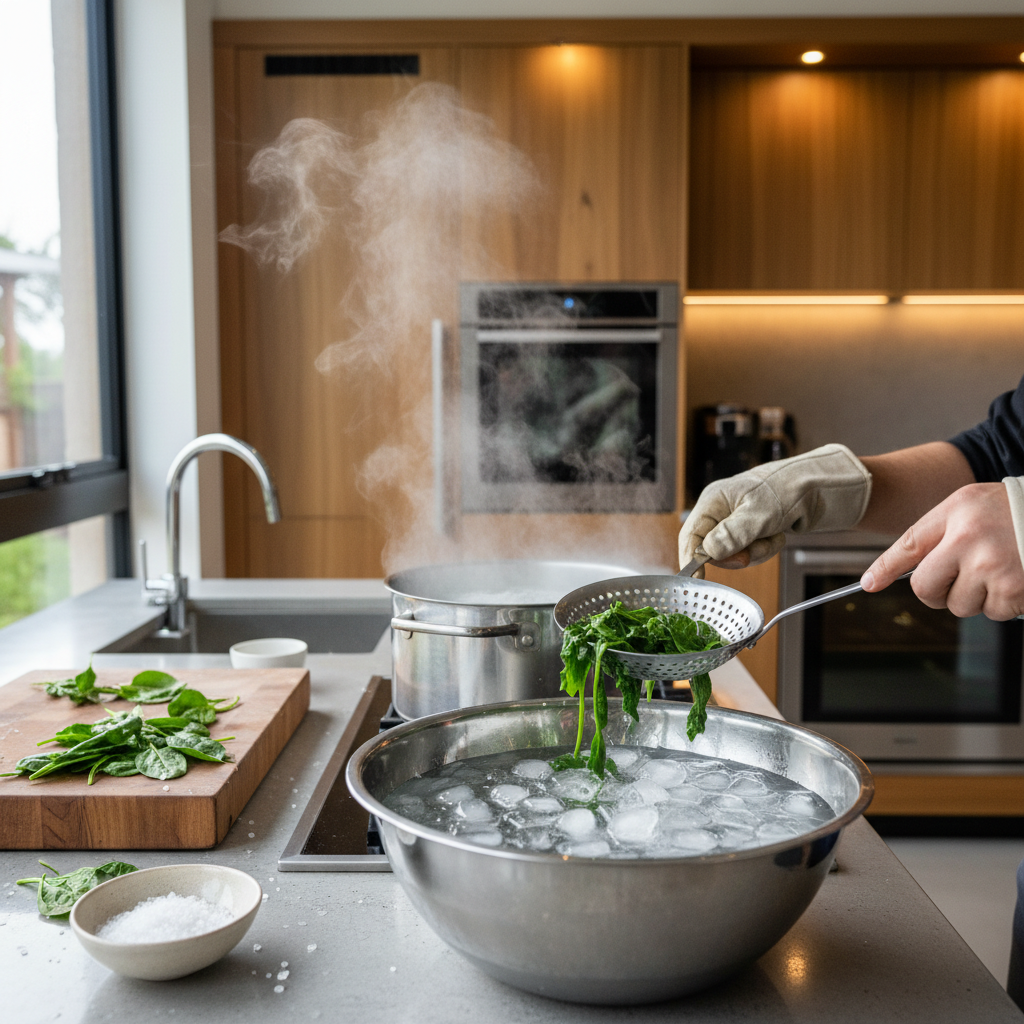 Blanching spinach and cooling in an ice bath for palak paneer puree