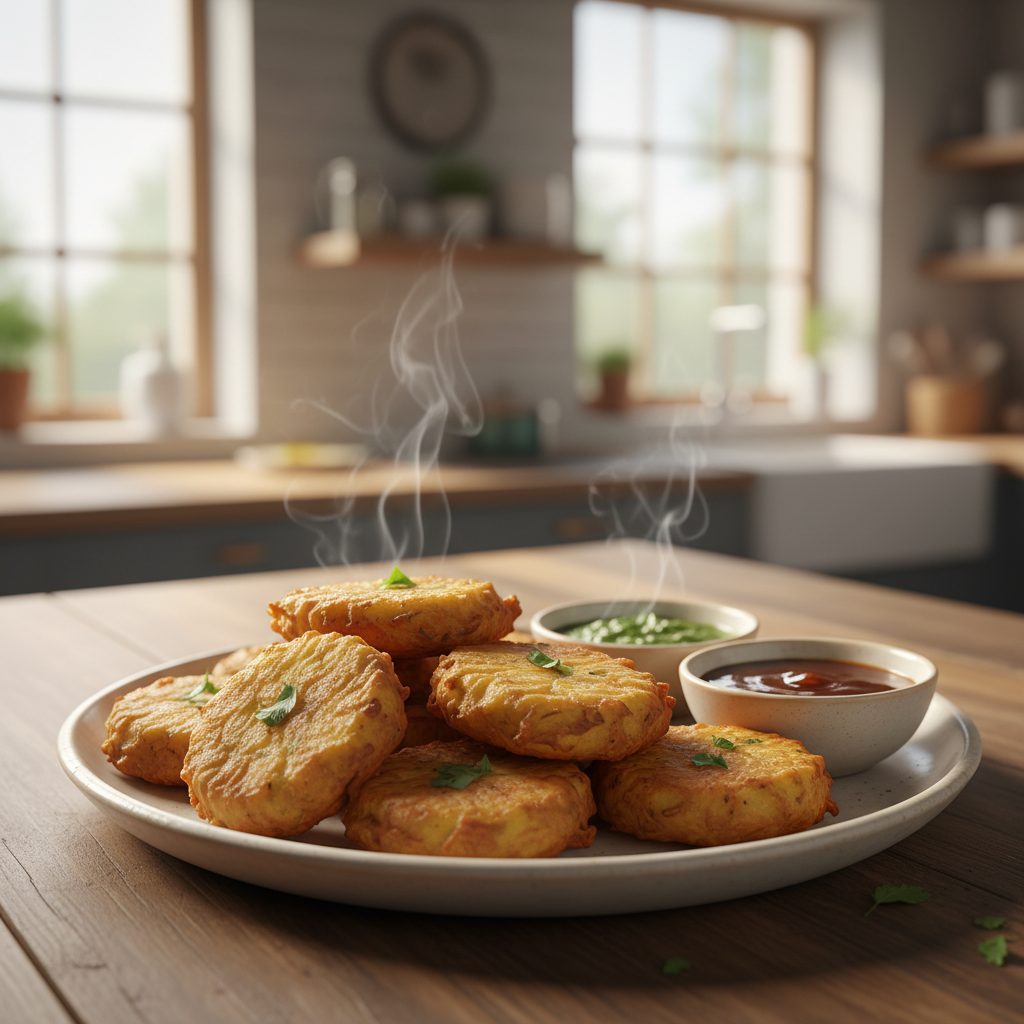 Crispy potato pakora with golden crust and chutney on a plate