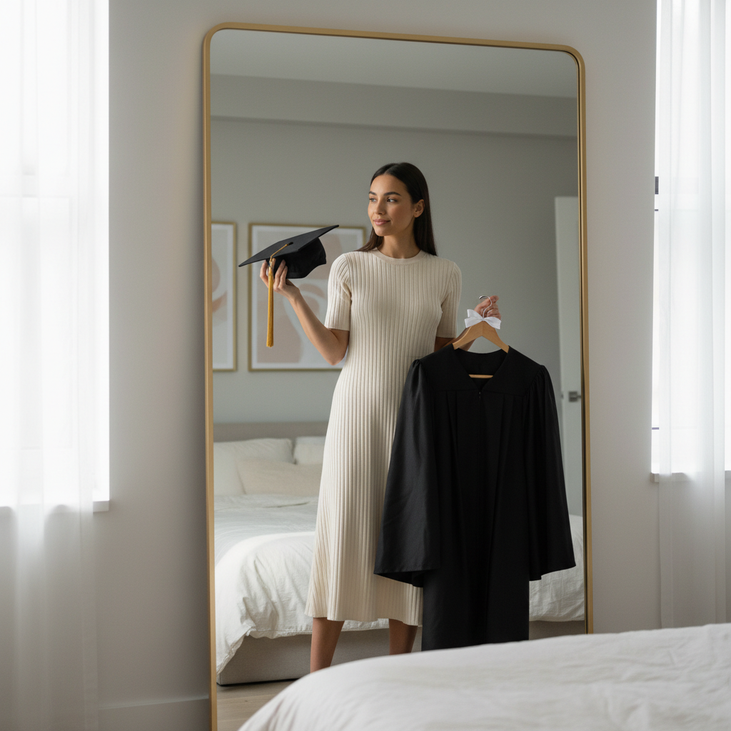 Graduation dress styling with cap and gown for photo-ready outfit