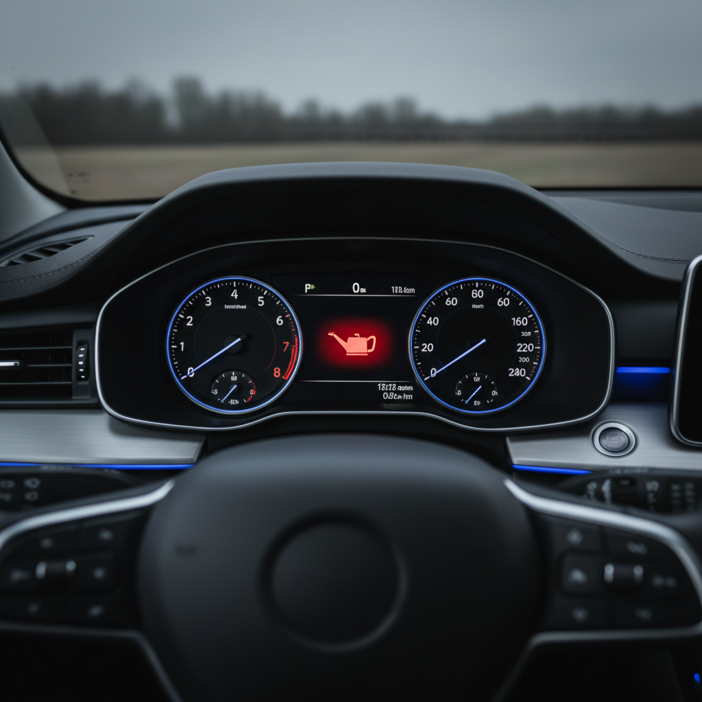 Dashboard oil warning light illuminated in a modern car interior