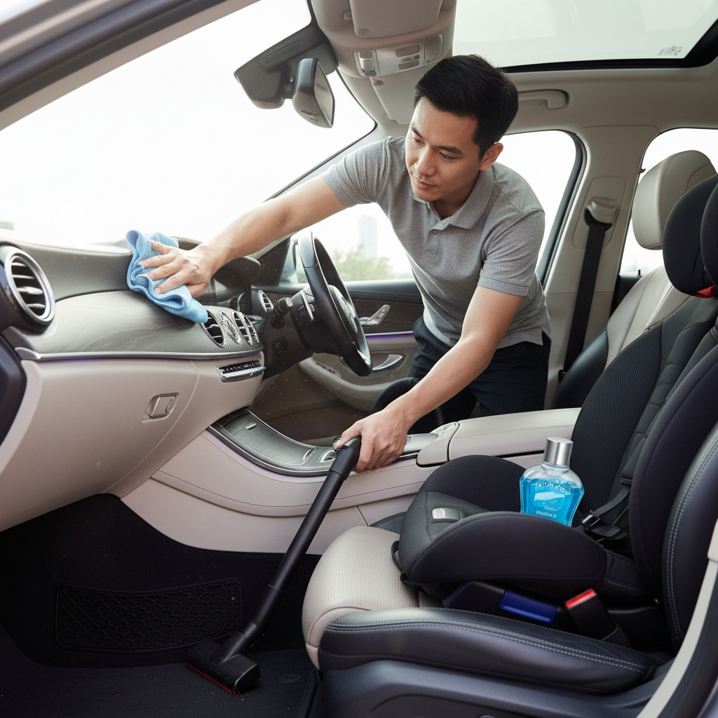 Cleaning car interior before using gel air freshener, focusing on floor mats and center console