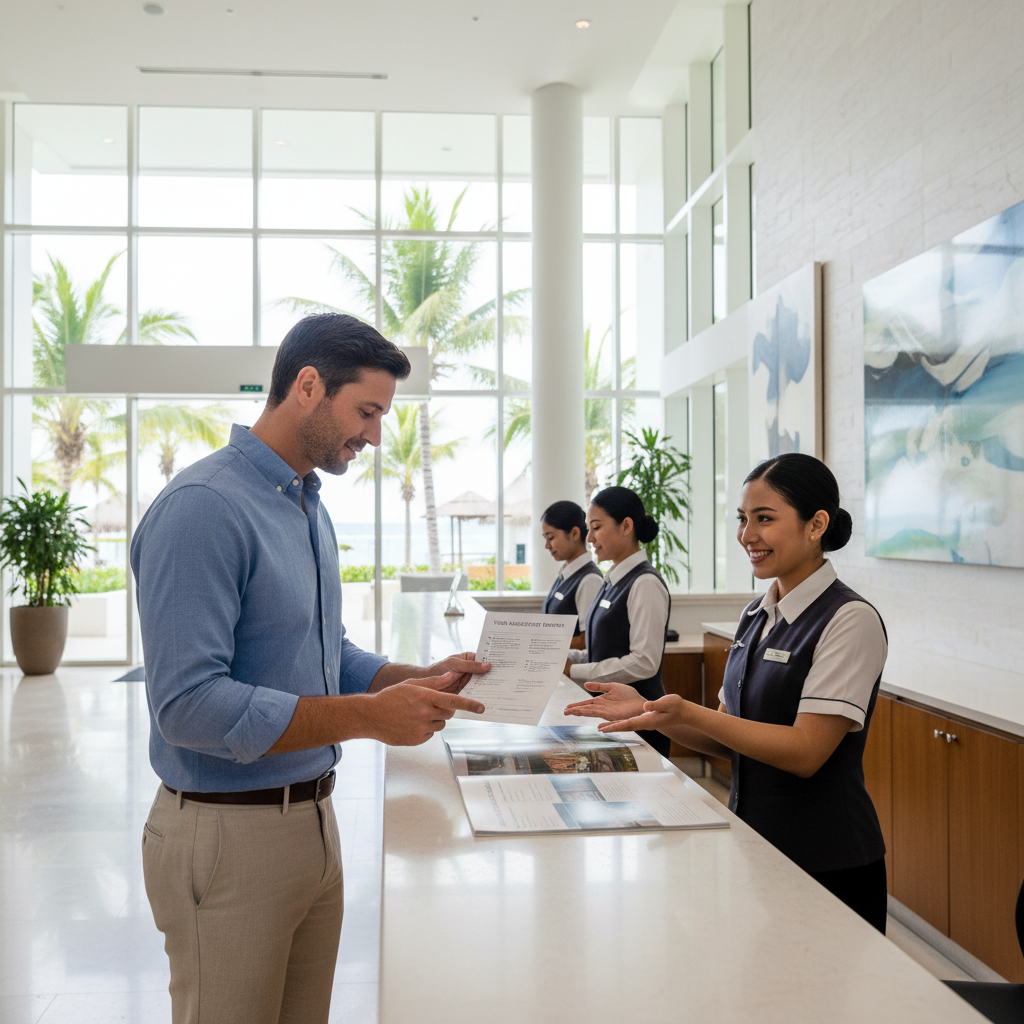 Resort front desk check-in with guest asking about included perks
