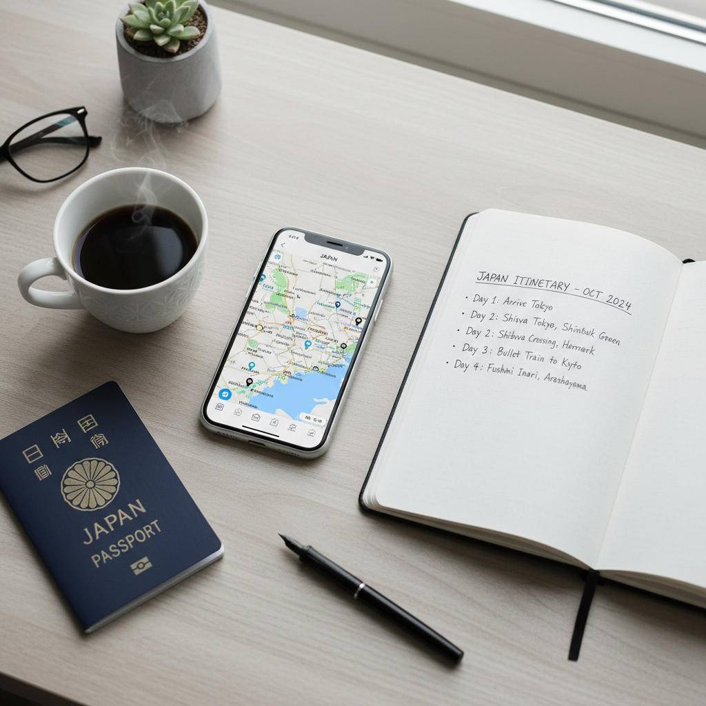 First-time Japan trip planning with map, phone, and notebook