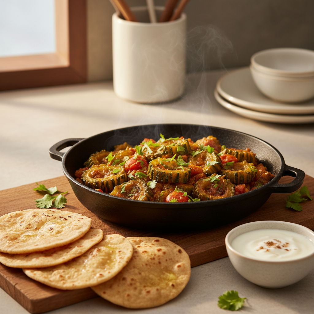 Cooked turai sabzi in a skillet with roti on the side