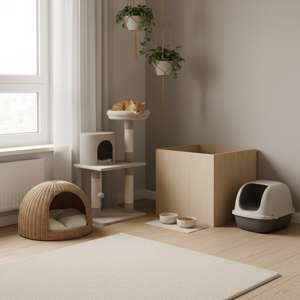 Calm cat safe room setup with carrier, bed, litter box, and cat tree