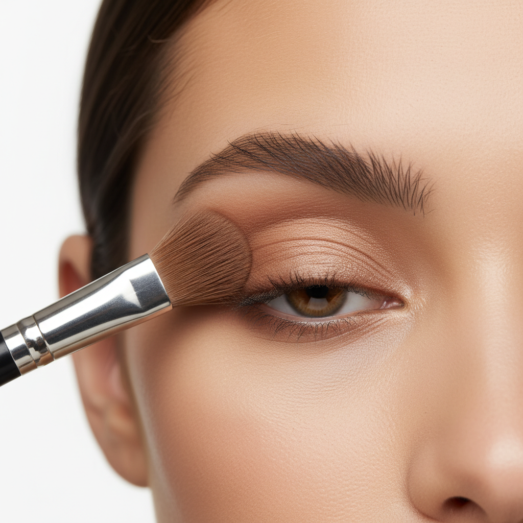 Close-up of blending eyeshadow in the crease with a fluffy brush