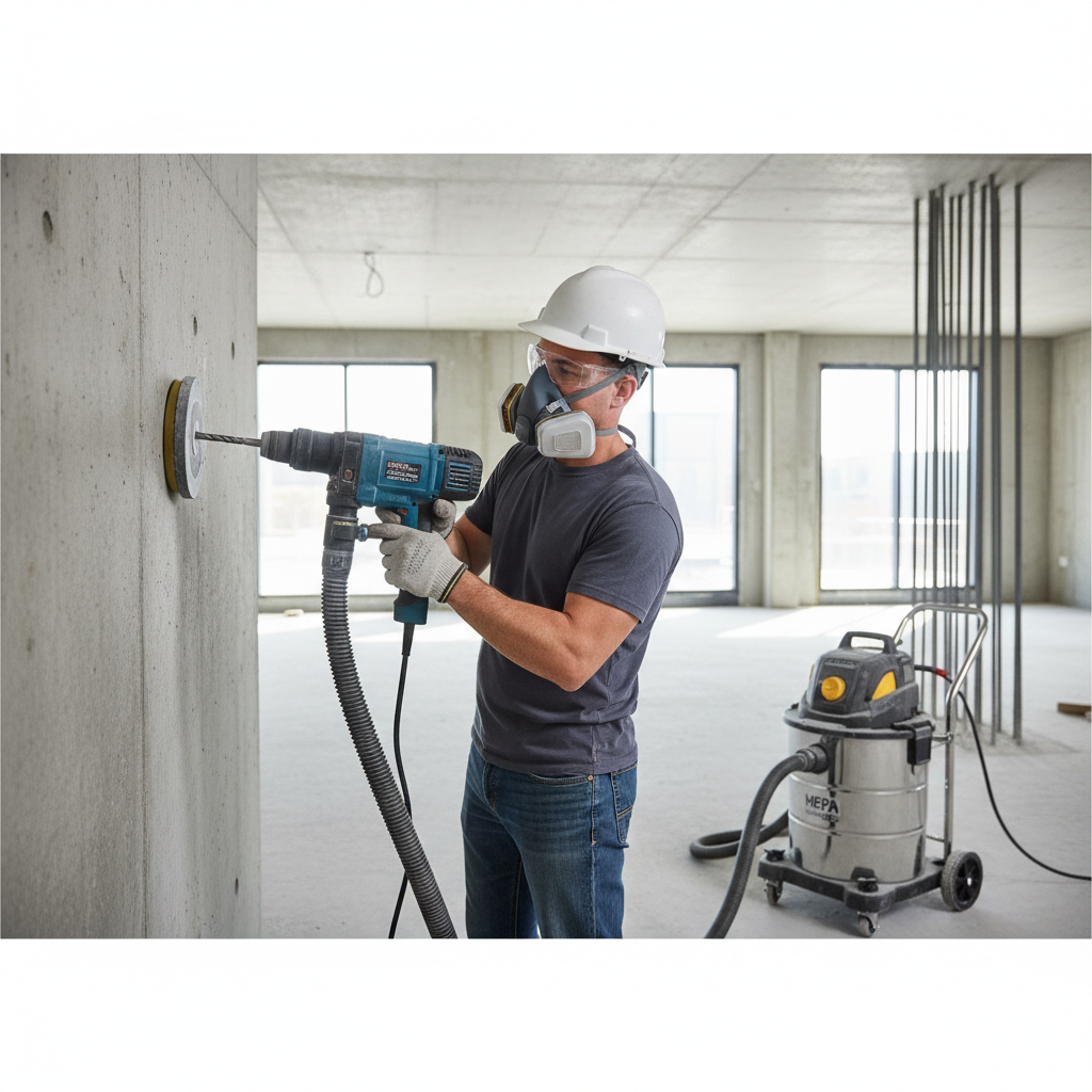 Concrete drilling setup with vacuum dust extractor attachment