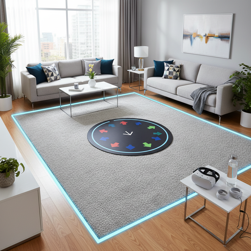 Safe VR play area setup with a dance mat and cleared boundary zone