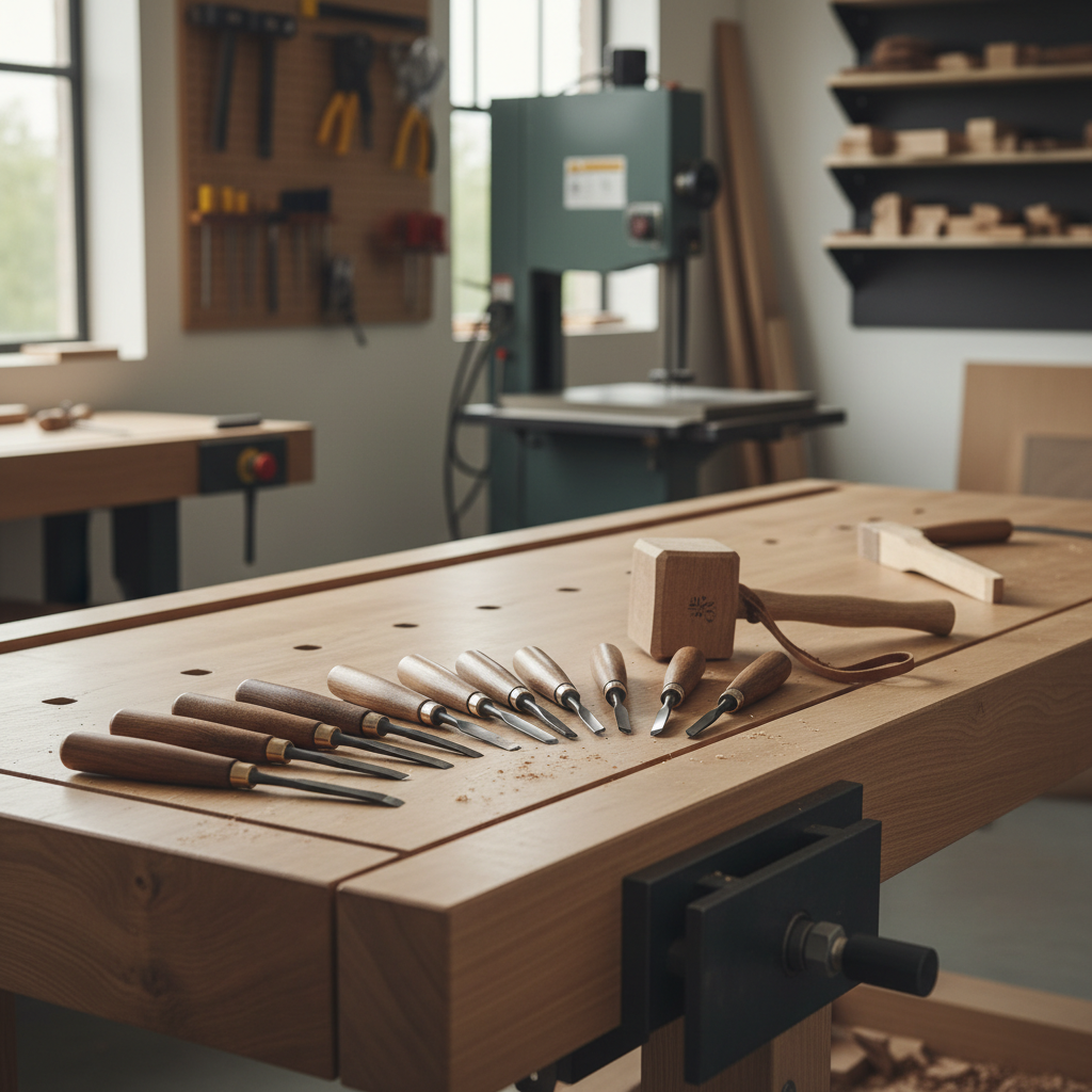 Wood carving chisels and gouges laid out on a workbench