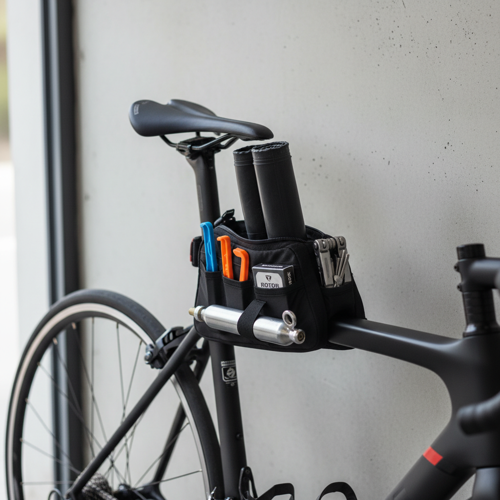 Compact bike tire repair kit packed into a saddle bag on a road bike
