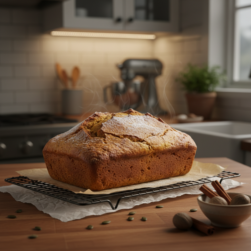 Pumpkin bread loaf cooling on a rack with parchment